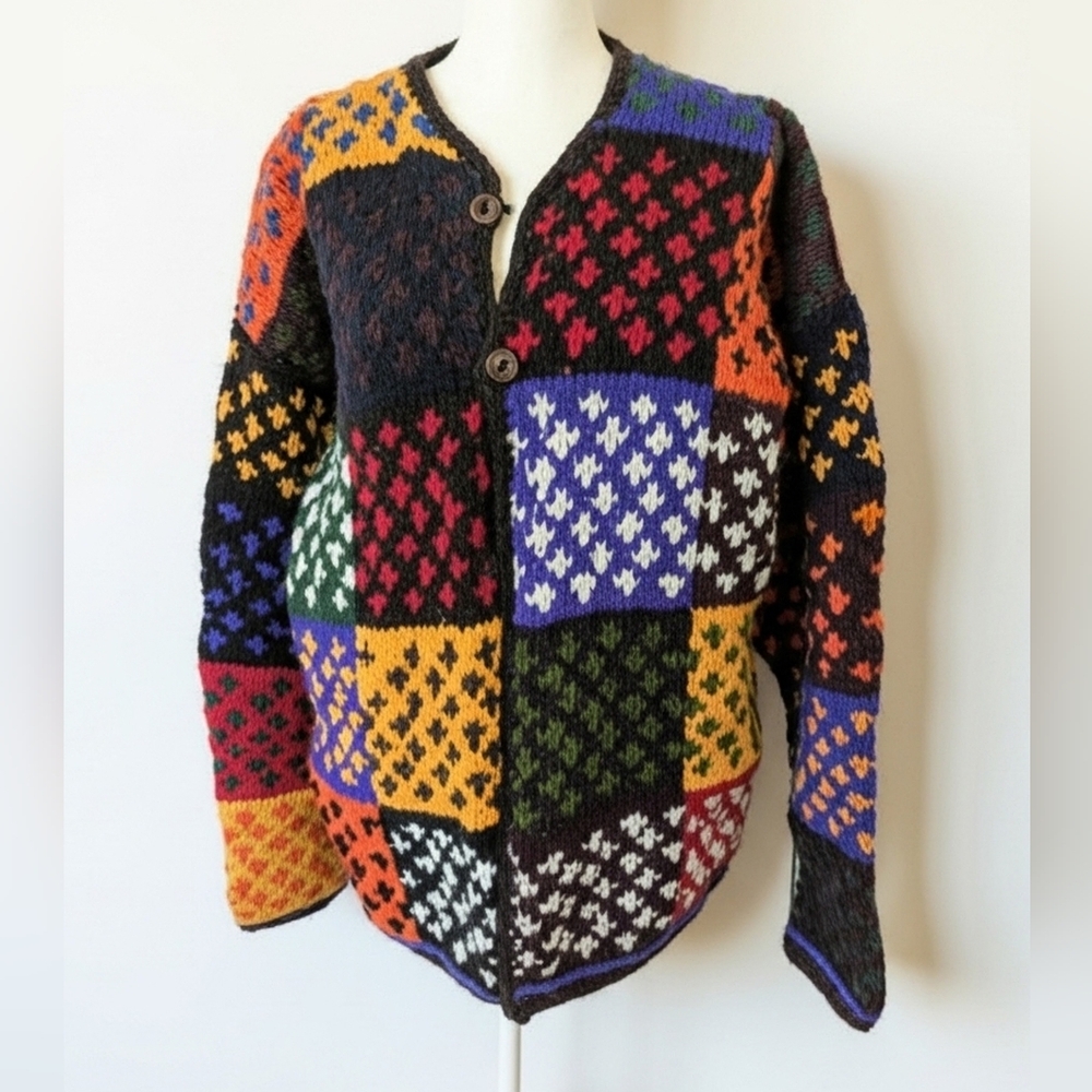 VTG 80s Handmade Ecuador Wool Cardigan - Patchwork Geometric Boho Sweater